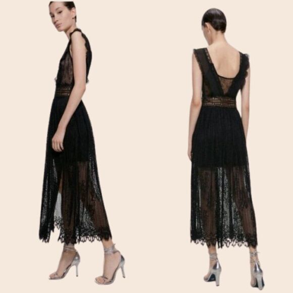 Zara Black Contrasting Lace Dress Midi Dress Size XS - Picture 2 of 14